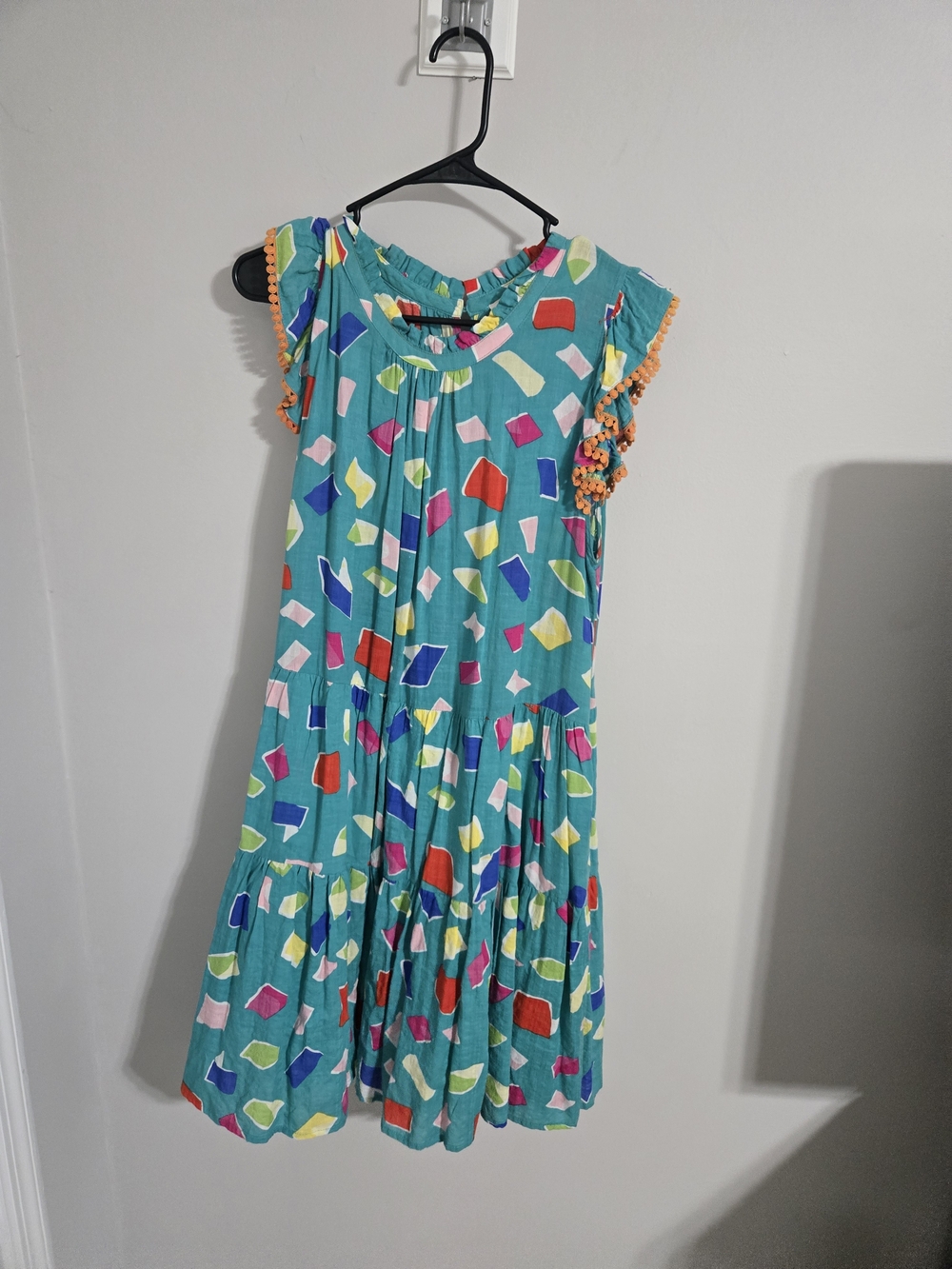 THML Turquoise Midi Dress with Multicolor Geometric Print and Orange Pom Trim